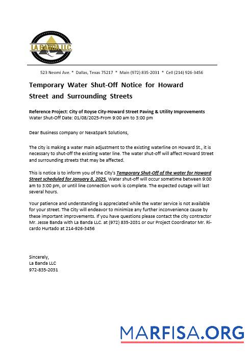 Realistic USA Texas La Banda business utility bill water shut off notice, Word and PDF template